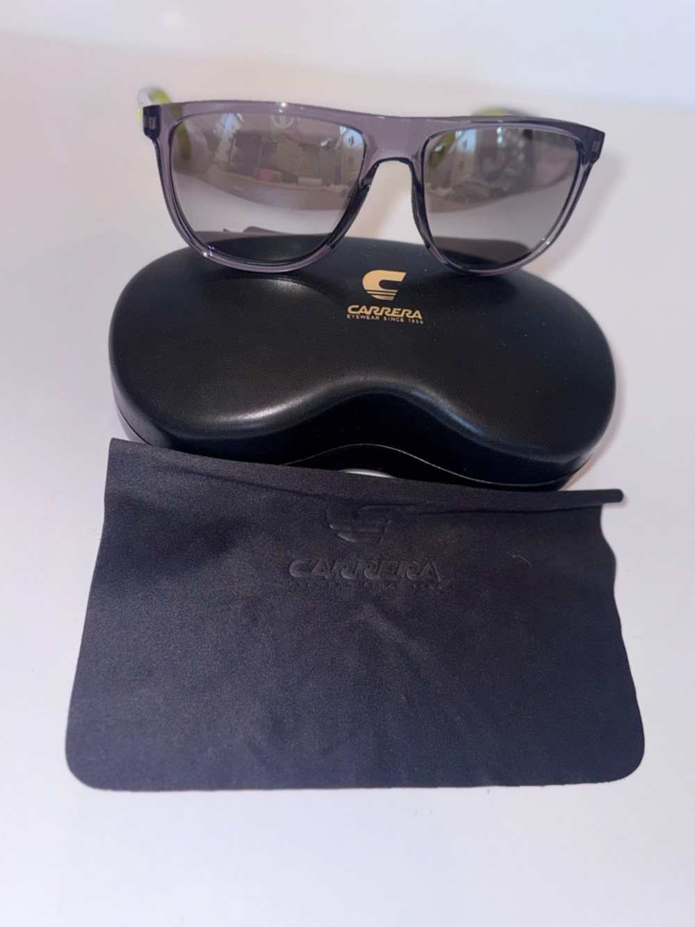 Carrera Translucent Gray Sunglasses with Lime Green Temples